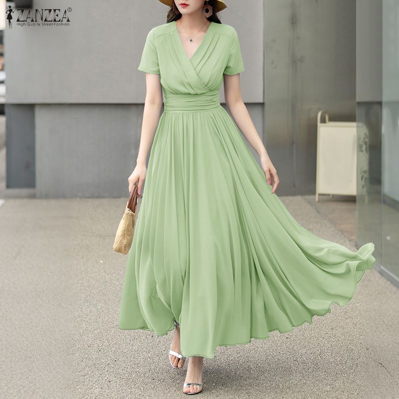 ZANZEA Korean Style Women Elegant Party V-Neck Dresses Raglan Sleeve A-Line  High Waist Long Plain Dress #1008 | Daraz.lk