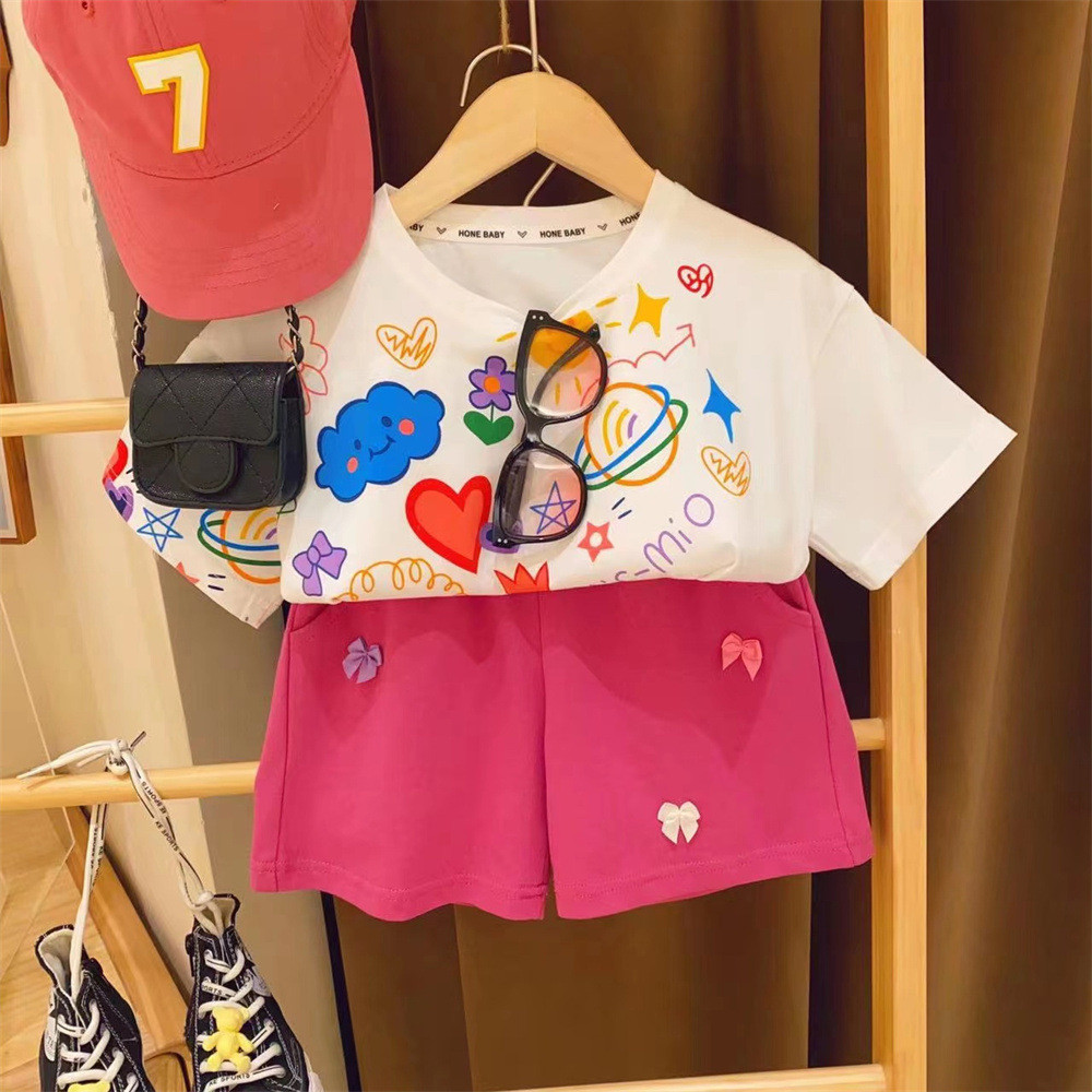Bear Leader Casual Cartoon Comics Short Sleeved T-shirt + Bow Shorts Set 2-7 Year Old Two Piece Outfits Girls Clothes