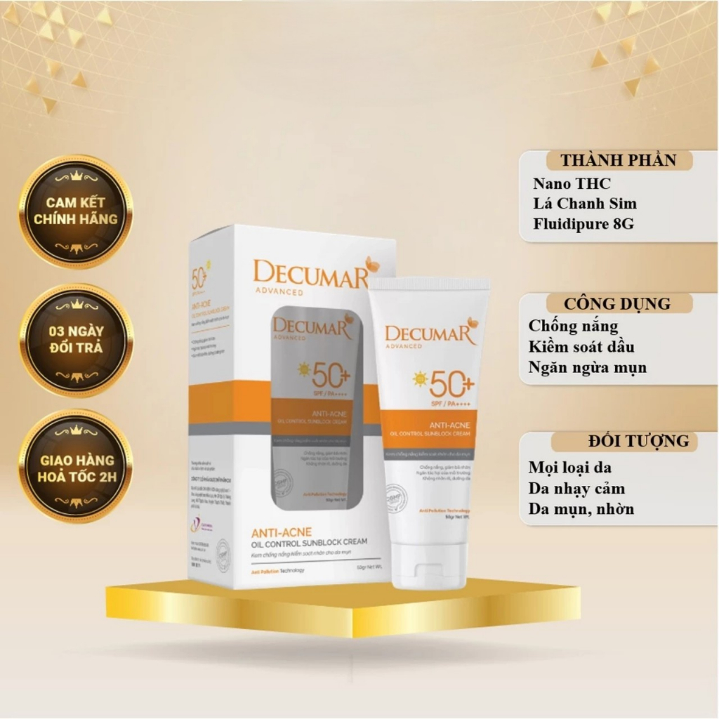 Kem chống nắng DECUMAR ADVANCED kiểm soát nhờn cho da mụn, ngừa mụn (Tuýt 50g)