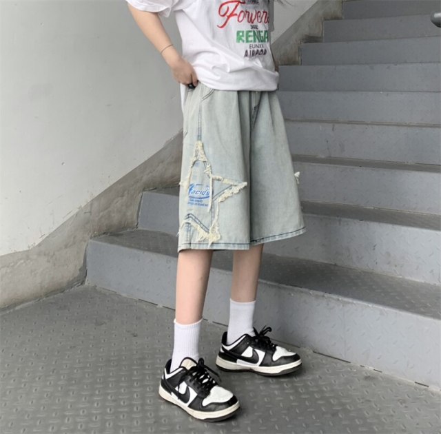 High Street Womens Denim Shorts Summer Loose Appliques Five-pointed Star Y2K Jean Shorts Womens Streetwear