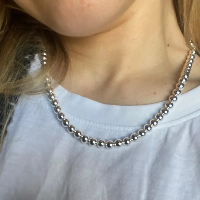 DOTEFFIL 925 Sterling Silver 6mm Smooth Beads Ball Chain Necklace For Women Trendy Wedding Engagement Jewelry.