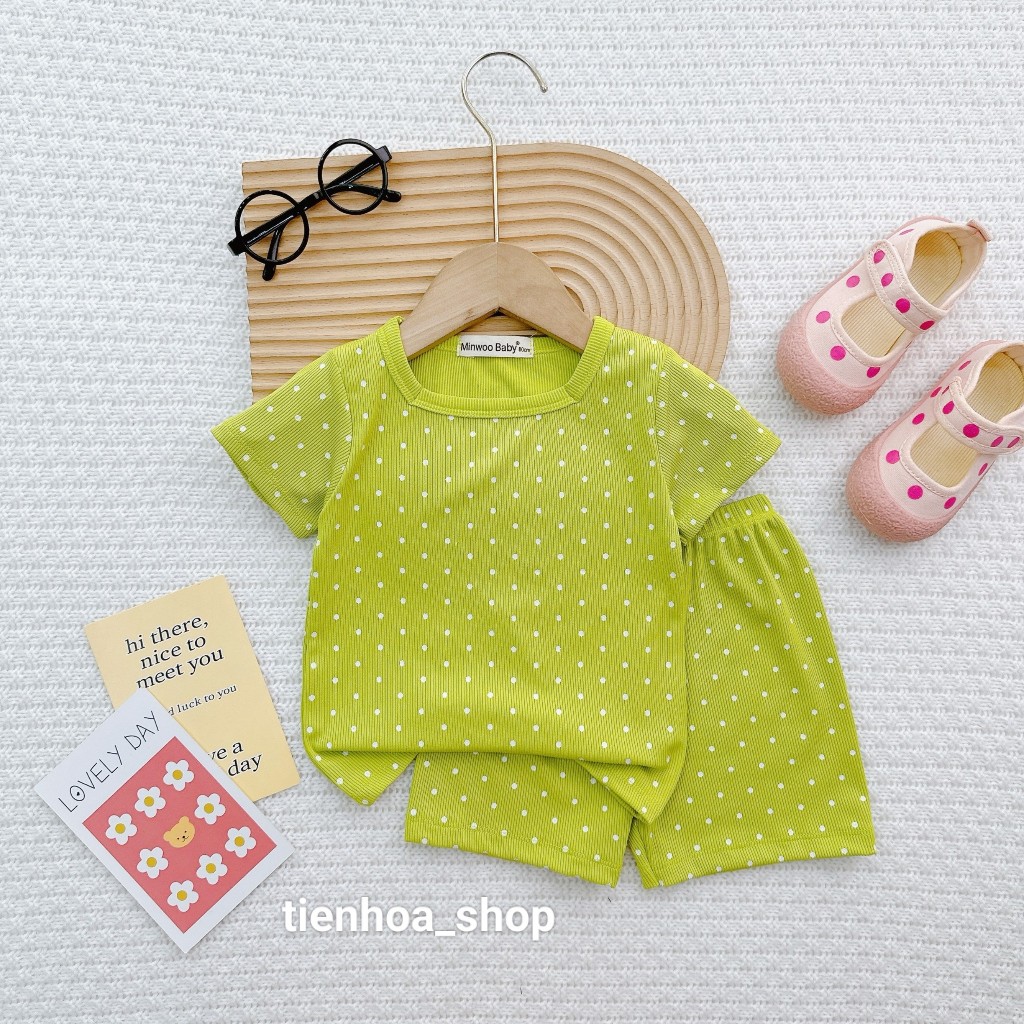 Bộ ngắn tay thun gân tăm lụa chấm bi cổ vuông siêu xinh cho bé gái từ 7-19kg -