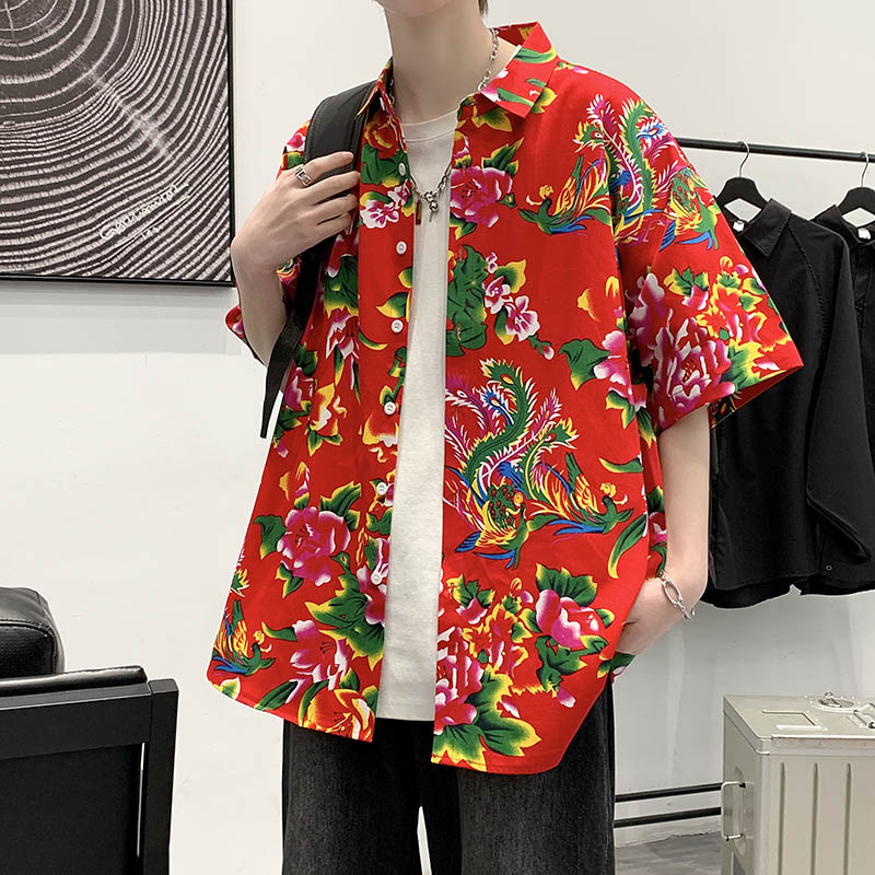 Japanese Men's Street Vintage Hawaiian Flower Shirt Men's Casual Short Sleeve Tops Northeast Flower Coat Clothing