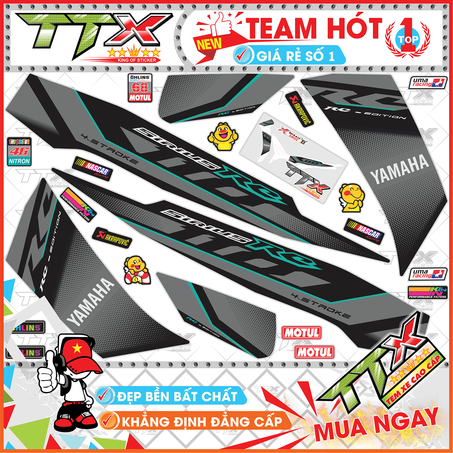 Tem rời sirius 110 rc màu xám đen viền chỉ xanh ngọc lục bảo siêu đẹp , Shop TTX Tem xe sirius