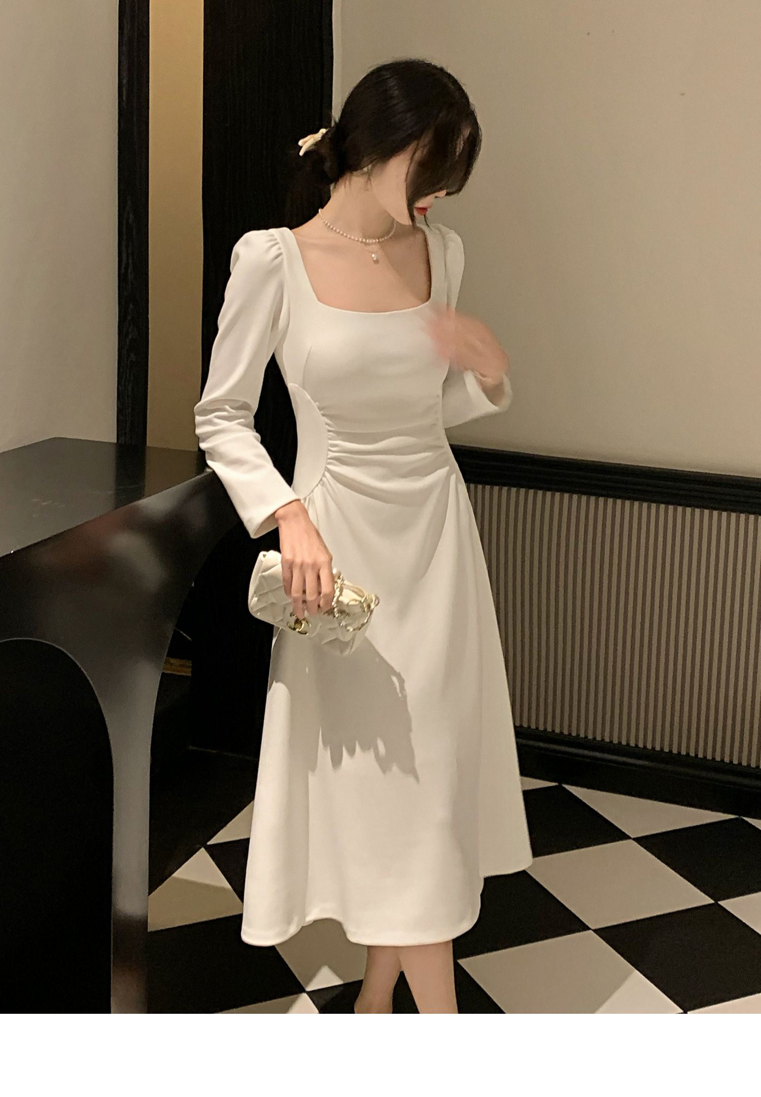 new korean fashion elegant white long sleeve dress for women plus size  formal wedding cocktail dress | Lazada PH