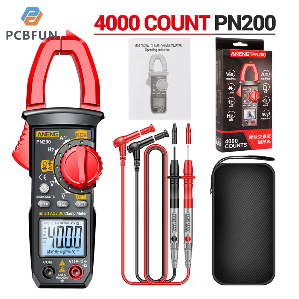 Pcbfun PN200 Digital Clamp Meter Multimeter AC Current and AC/DC 4000 counts Voltage Tester with Amp Volt Ohm Resistance Test Auto-Ranging