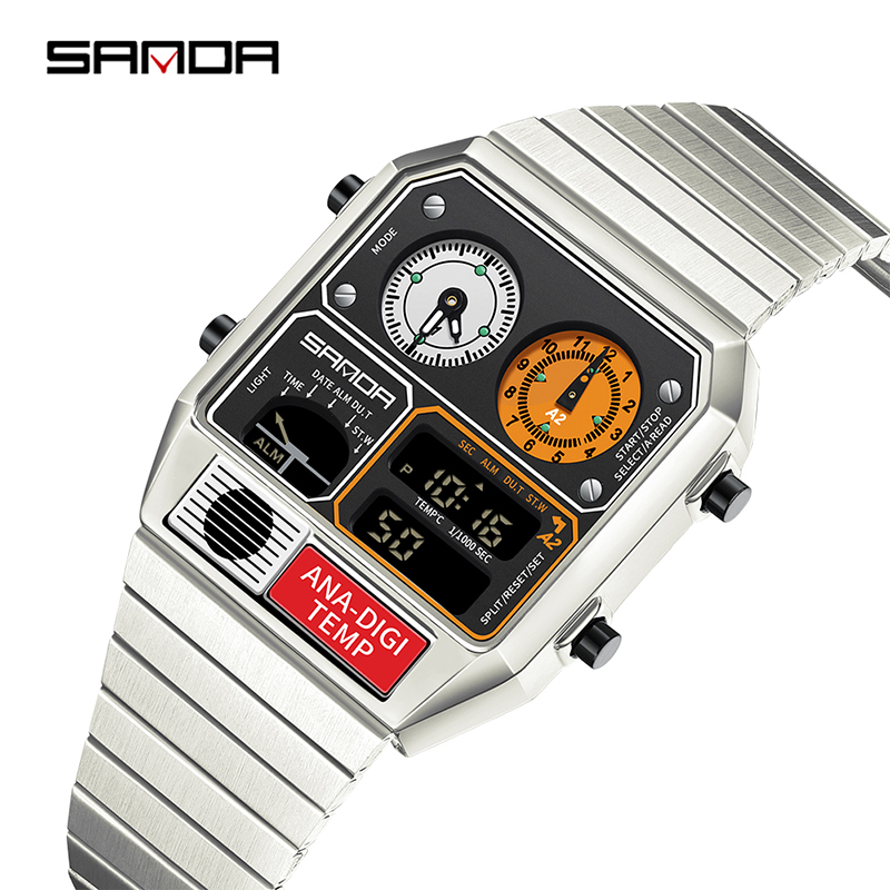 Sanda Retro Trendy Punk Dual Display Luminous Waterproof Electronic Quartz Men's Watch SD3192-1.