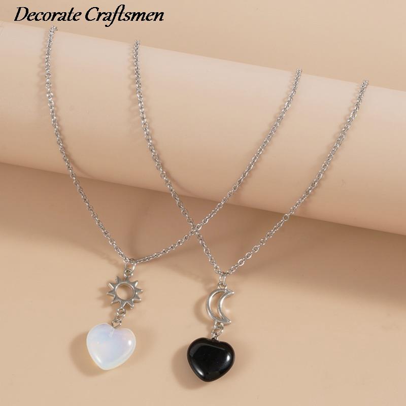 Yuanyan 1 Pair Natural Quartz Crystal Hexagonal Column Heart Pendant Necklaces Moon Couple Necklace Valentine's Day Gift. 