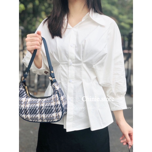 áo sơ mi nữ trắng công sở nhúm eo dáng xòe cá tính