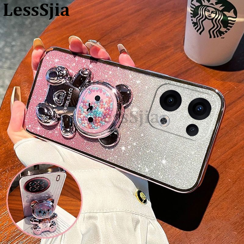 For OPPO Reno 13 Pro 13F Case with Gradient 3D Bear Folding Stand Bracket Luxury Slim 6D Plating Glitter Girls for OPPO Reno 13F 13 Pro Back Cover.