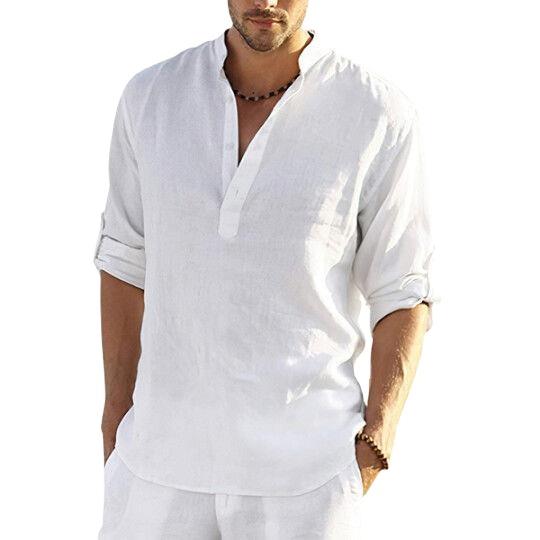 MUJI MUJI Summer breathable men's casual cotton and linen shirt stand collar youth long-sleeved linen ultra-thin loose white shirt 129
