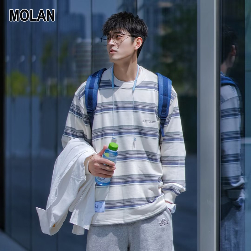 MOLAN Áo sweater nam áo chui đầu cổ tròn của nam áo sọc trùm đầu sọc Retro Áo thun mỏng