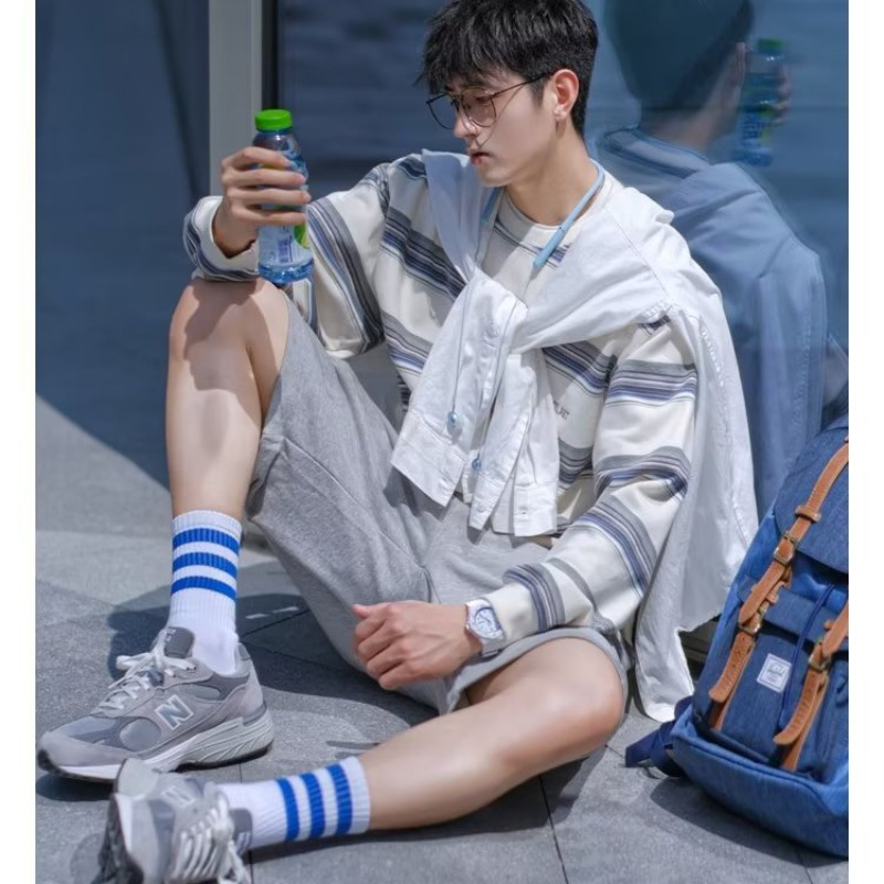 MOLAN Áo sweater nam áo chui đầu cổ tròn của nam áo sọc trùm đầu sọc Retro Áo thun mỏng