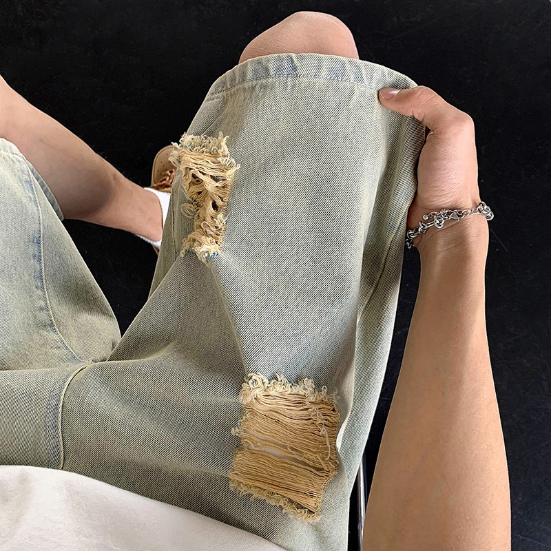 EERSHENSHI Men's loose ripped straight denim shorts Large size printed handsome style denim shorts
