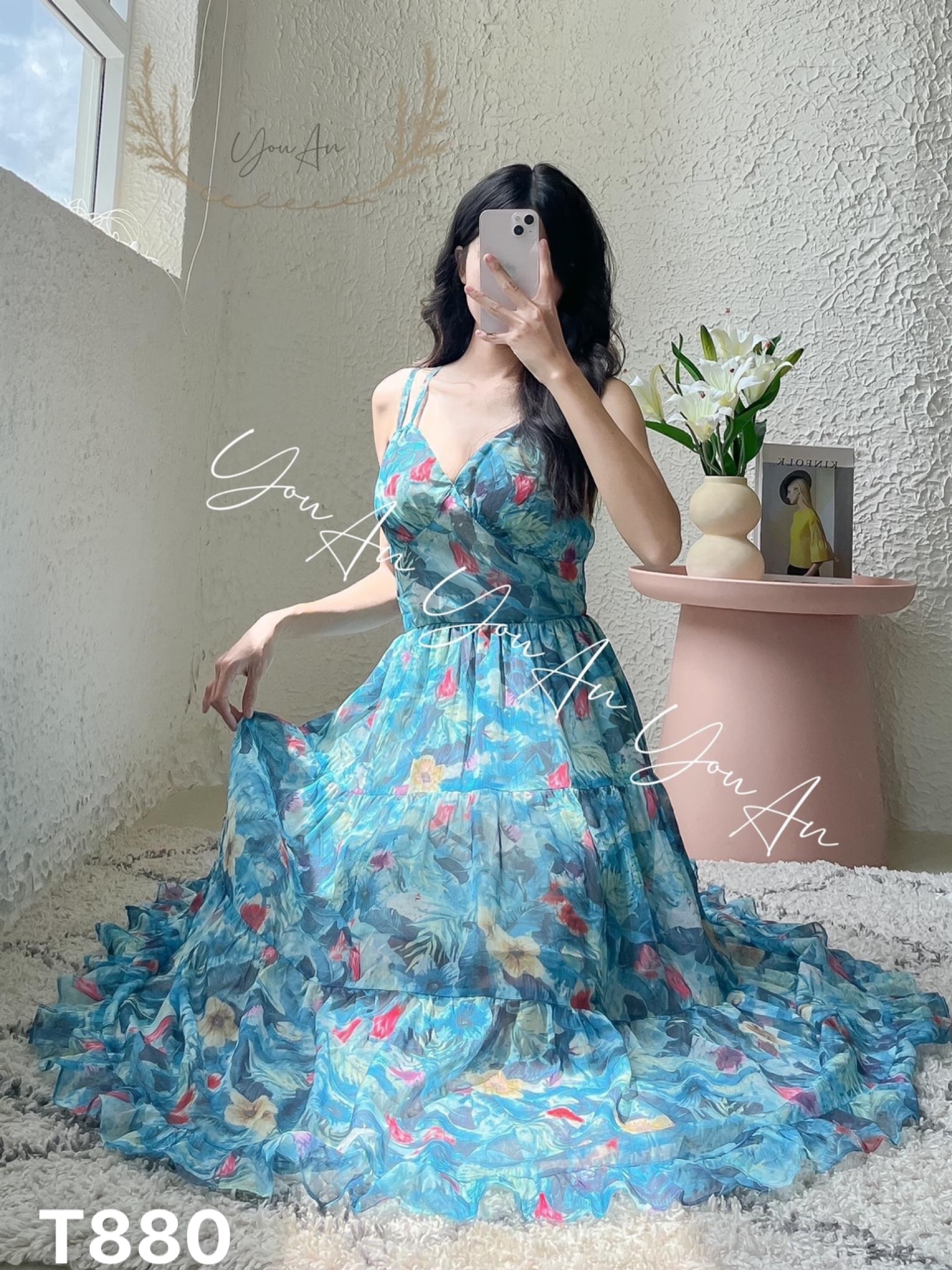Maxi lụa nữ 2 dây đi biển voan hoa chingfon có mút T880