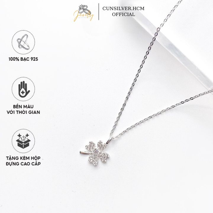 Dây chuyền bạc nữ 925, vòng cổ cỏ 4 lá đính đá bạc 925 g