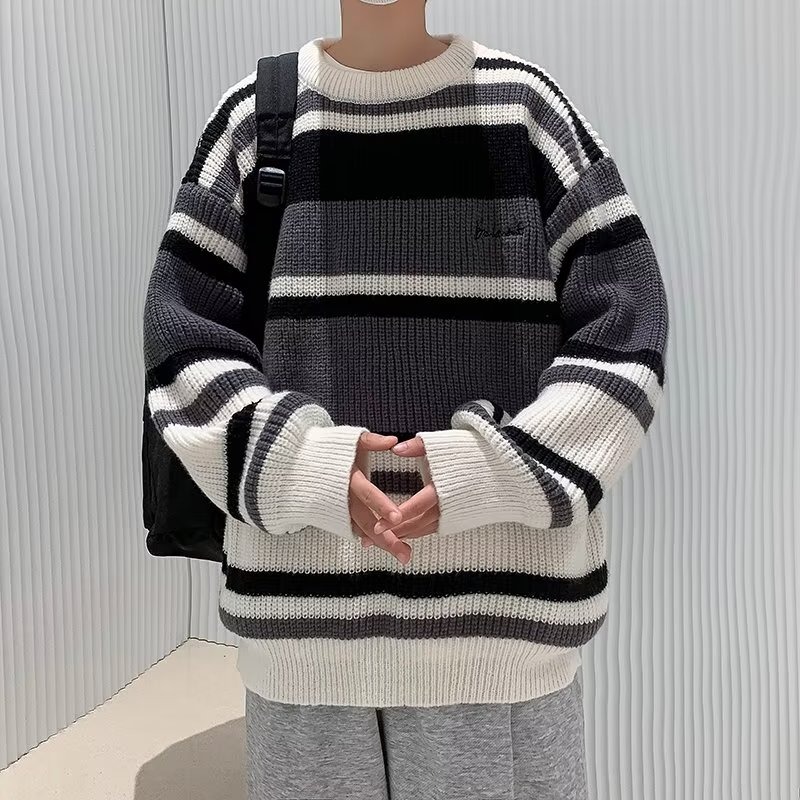 KYUSHUAD Men's striped crew neck loose embroidered color block sweater Japanese color block casual sweater