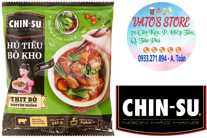 Thùng 15 gói hủ tiếu bò kho Chinsu thịt bò nguyên miếng 145g / Combo 3 gói hủ tiếu bò kho Chinsu thịt bò thật 145g