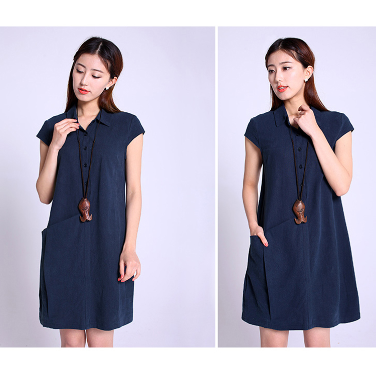 Đầm suông công sở chất đũi cổ sơ mi phối túi chéo