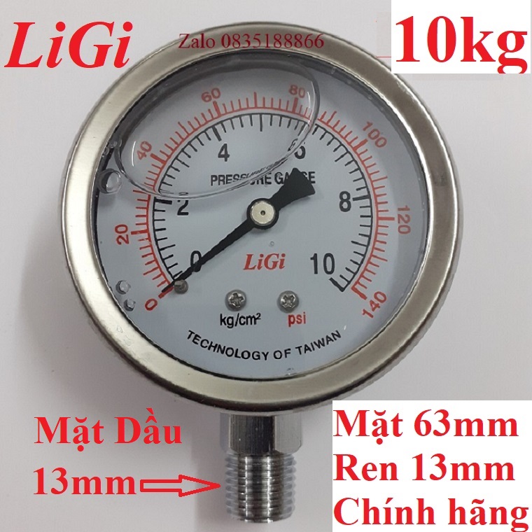 Đồng hồ đo áp suất ligi - mặt 63 có dầu 10kg/cm2