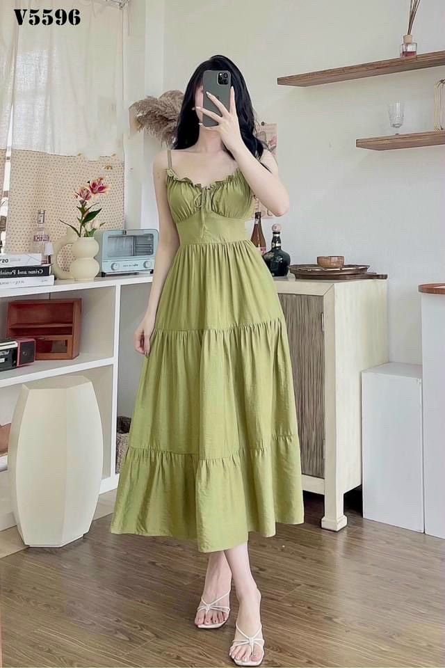 [MIỄN PHÍ SHIP] Đầm xoè 2 dây chất lụa có mút ngực, đầm xoè tầng đi biển
