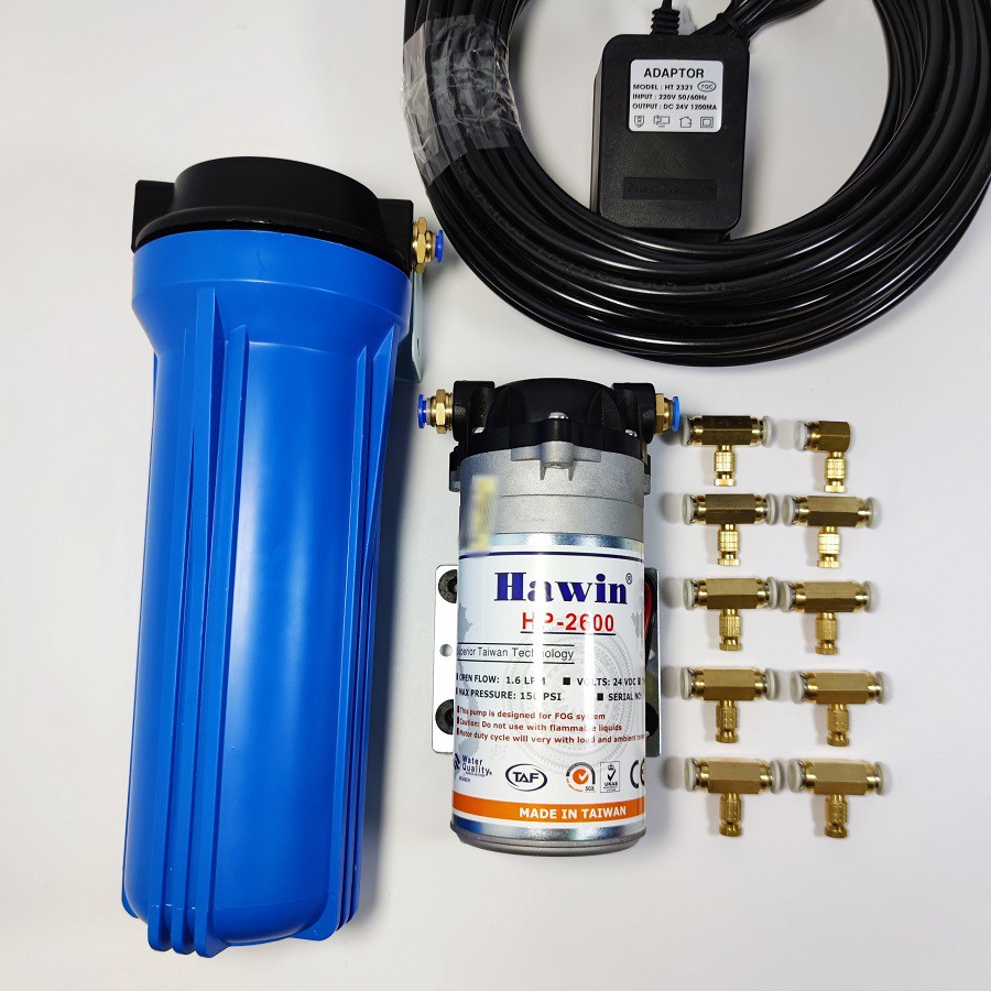 Bộ phun sương 10 đầu béc phun - bơm hawin hp 2600 cốc lọc rác 10m dây
