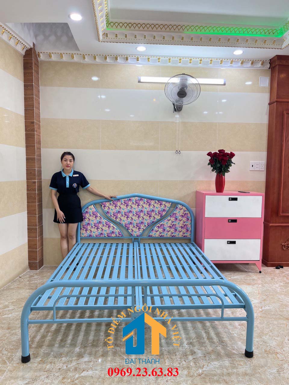 Giường  sắt kích thước ngang từ 0,8M đến 1m8 dài 2M – GS34 mẫu đơn giản, tiện dụng, dễ dàng tháo ráp di chuyển.