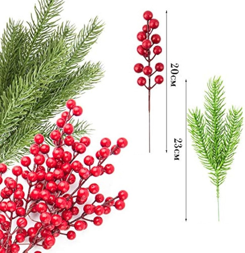 1/10 Pieces Artificial Pine Branches Christmas Holly Berries Artificial Red Berry Stems for Christmas Wreath Decorations Xmas Tree Decoration