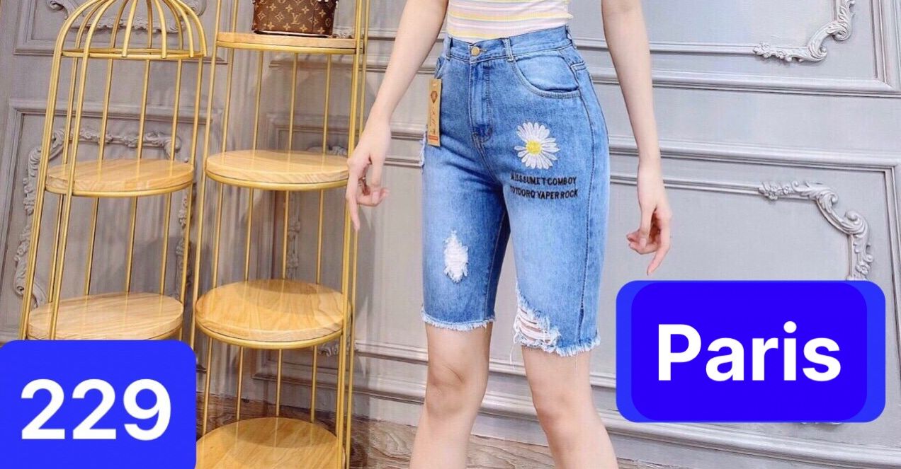 QUẦN SHORT SỌT JEAN LỬNG KIỂU NGỐ NỮ CHẤT BÒ XANH HOA CÚC RÁCH ULZZANG LƯNG CAO NÂNG MÔNG HÀN QUỐC SÀNH ĐIỆU- PARIS FASHION
