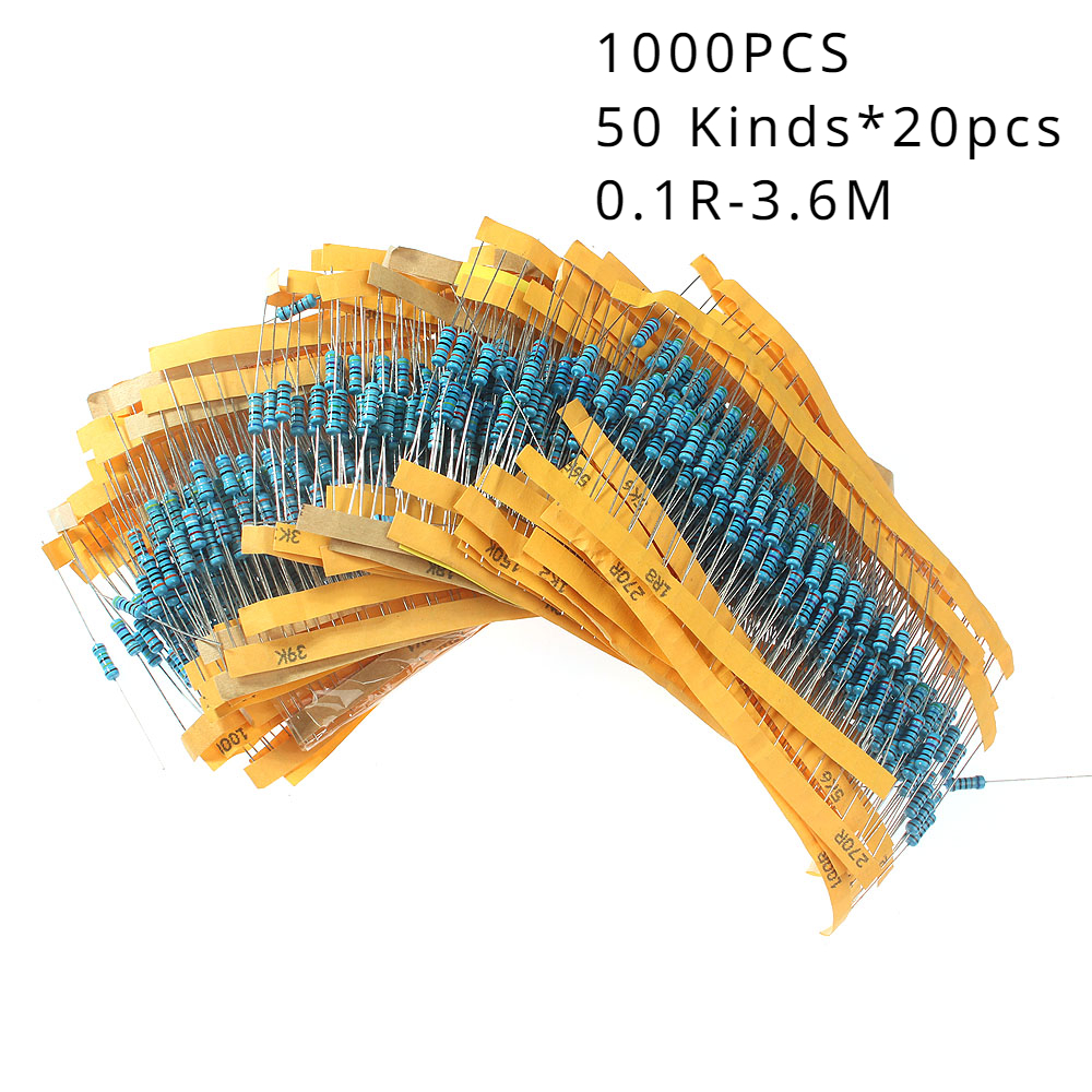 1100pcs 0.5w 1/2w metal film resistor kit with 1% tolerance, range from 0.1 ohm to 10m ohm, and 1000pcs ranging from 0.1 ohm to 3.6m ohm