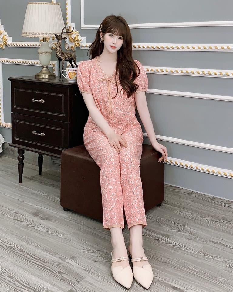 set bộ lụa hoa nhí 100d cổ tim đính nơ điệu đà