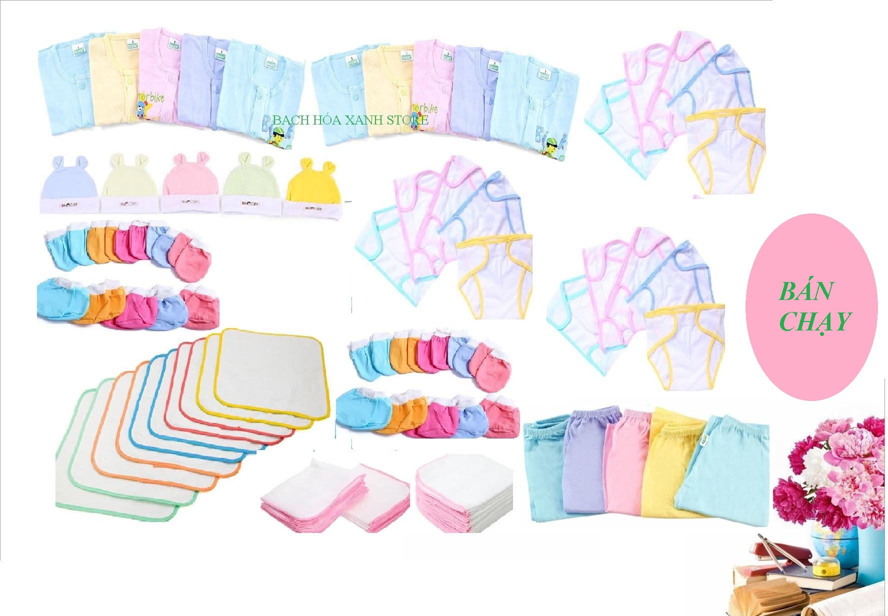 [TẶNG VÒNG DÂU TẰM] combo 85 Món Đồ Dùng Cho Bé Sơ Sinh( 10 áo màu + 15 tã + 15 khăn + 10 cặp bao tay + 10 cặp bao chân + 5 nón + 5 quần + 15 tã lót )