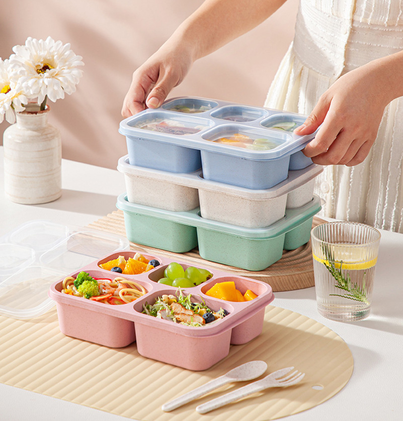 Lunch Box Green Stacking Storage Rugged And Durable Wheat Orange Material Lattice Design Bento Box Snack Dish Pink Beige Blue. 
