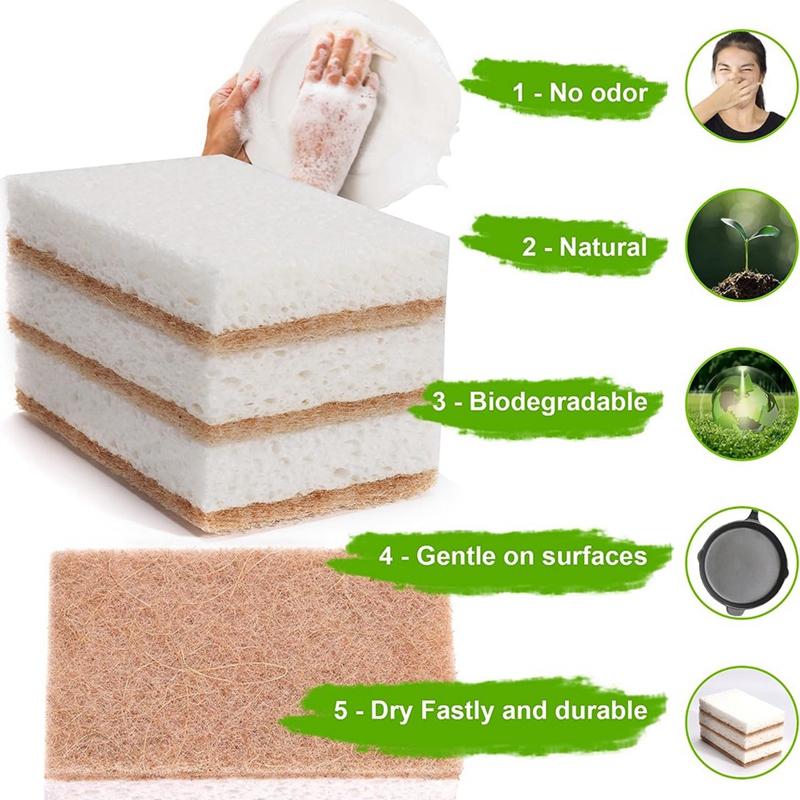 16PCS Biodegradable Compostable Cellulose Kitchen Sponges Coconut Scrubber - Eco Friendly Sponge for Dishes Cleaning