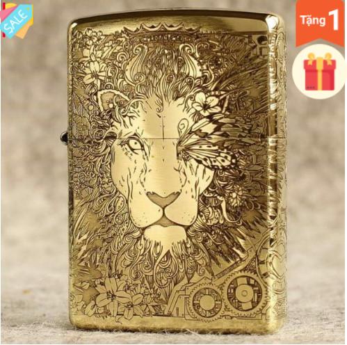 BẬT LỬA ZIPPO AMORR VỎ DÀY KHẮC ĂN MÒN 5 MẶT SƯ TỬ MẮT HOA- VỎ ĐỒNG CÓ TEM ĐỎ