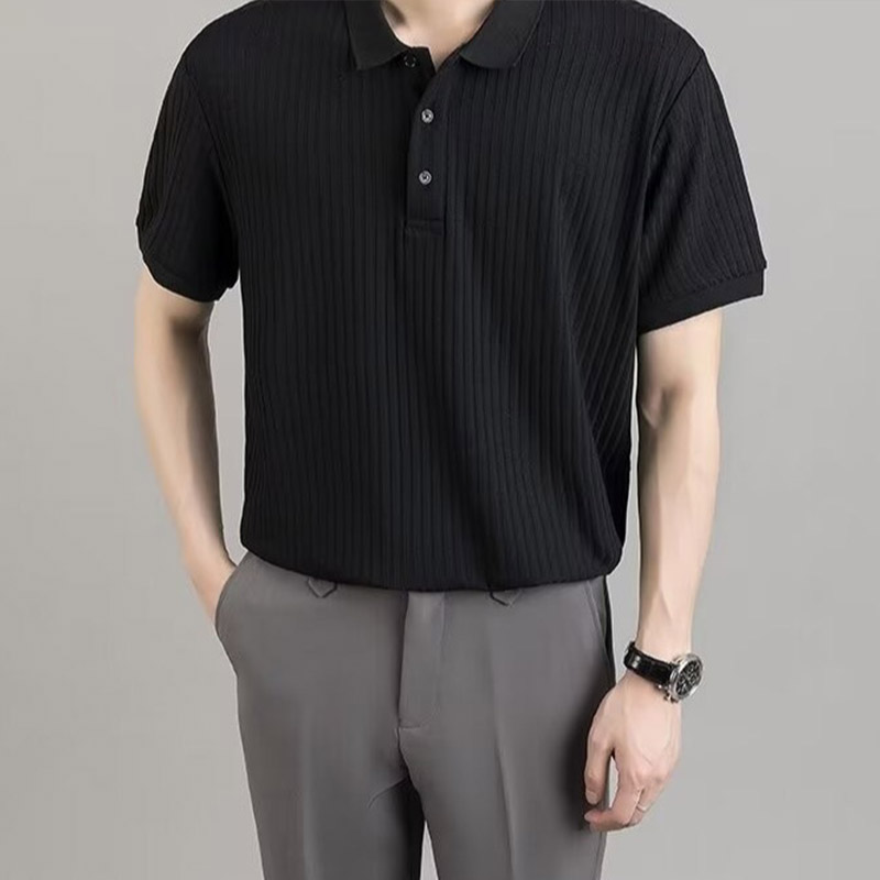 KYUSHUAD Men's Striped Solid Color Short Sleeve Polo Shirt Casual retro versatile lapel T-shirt