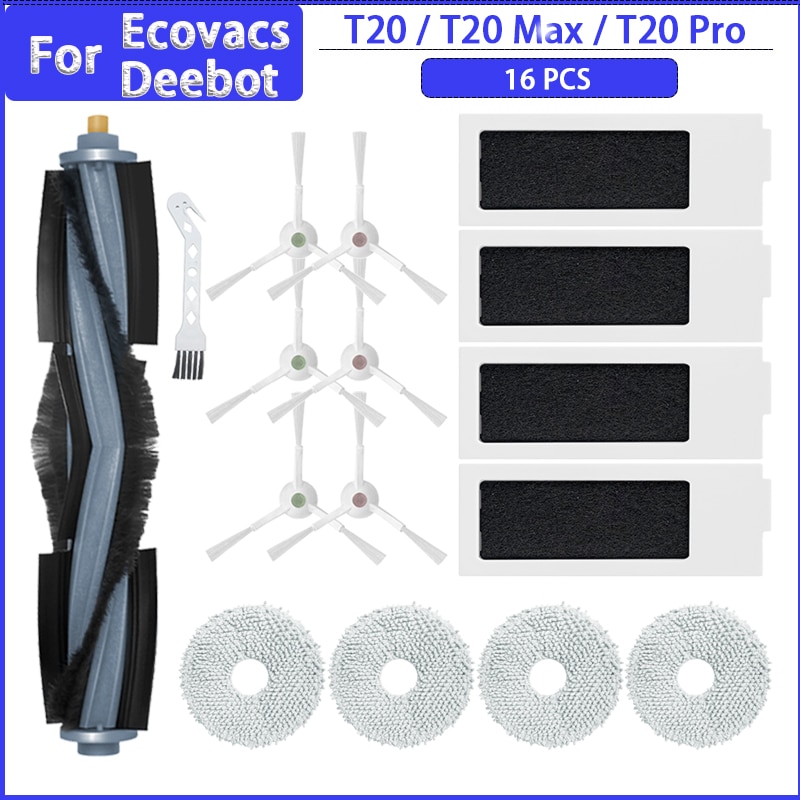Replacement Parts for ECOVACS Deebot T20 omni/PRO/MAX T20 Pro/Max Plus  Vacuum Cleaner Accessories 1 Main Brush, 4 Side Brushes, 4 Mop cloth, 3  Dust