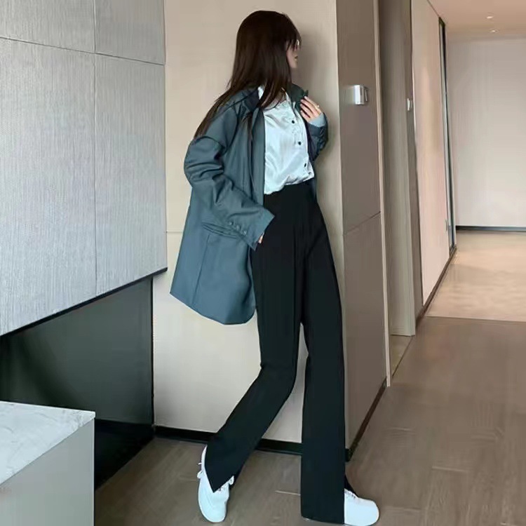 Quần âu nữ xẻ tà phía trước màu đen xuân hè, quần ống rộng xẻ tà tôn dáng gầy cạp cao cảm giác xếp nếp, quần lau sàn ống đứng rộng