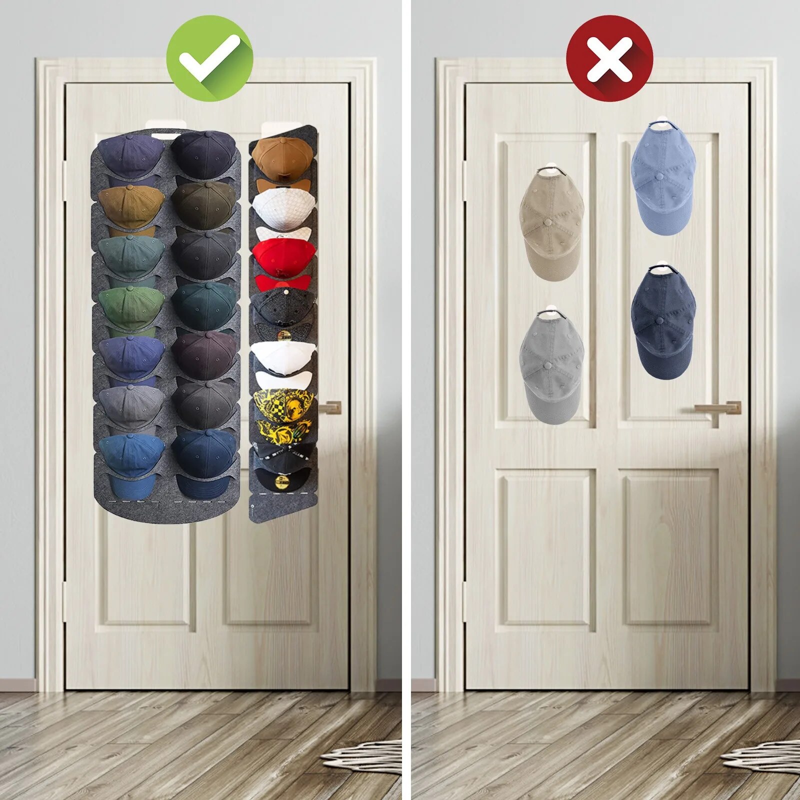 Wall Mount Hanging Hat Organizers for Baseball Felt Storage Holders for Bedroom Closet Space Saving Behind Door Storage Rack. 