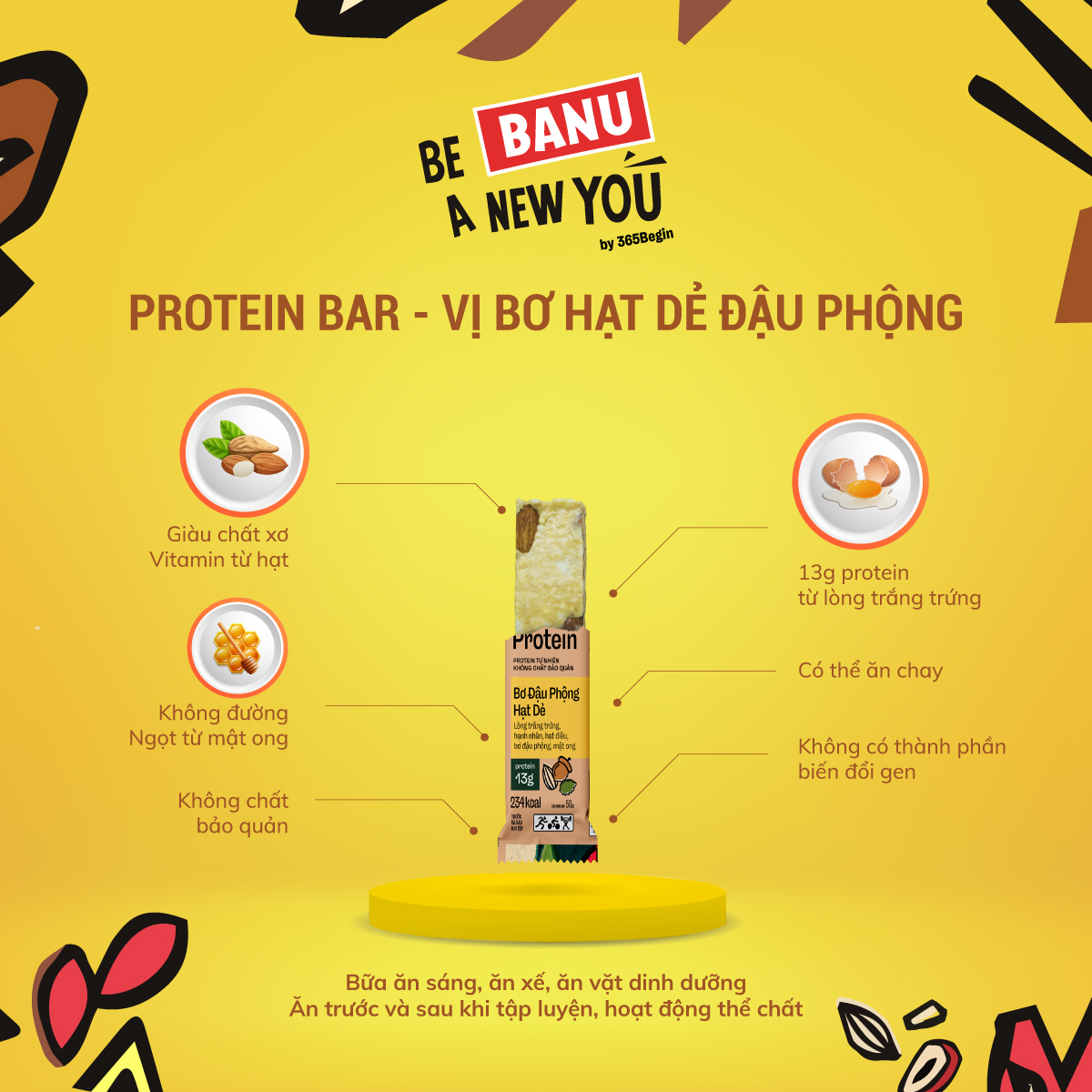 BANU - THANH PROTEIN - BƠ HẠT DẺ ĐẬU PHỘNG - HỘP (10 THANH)