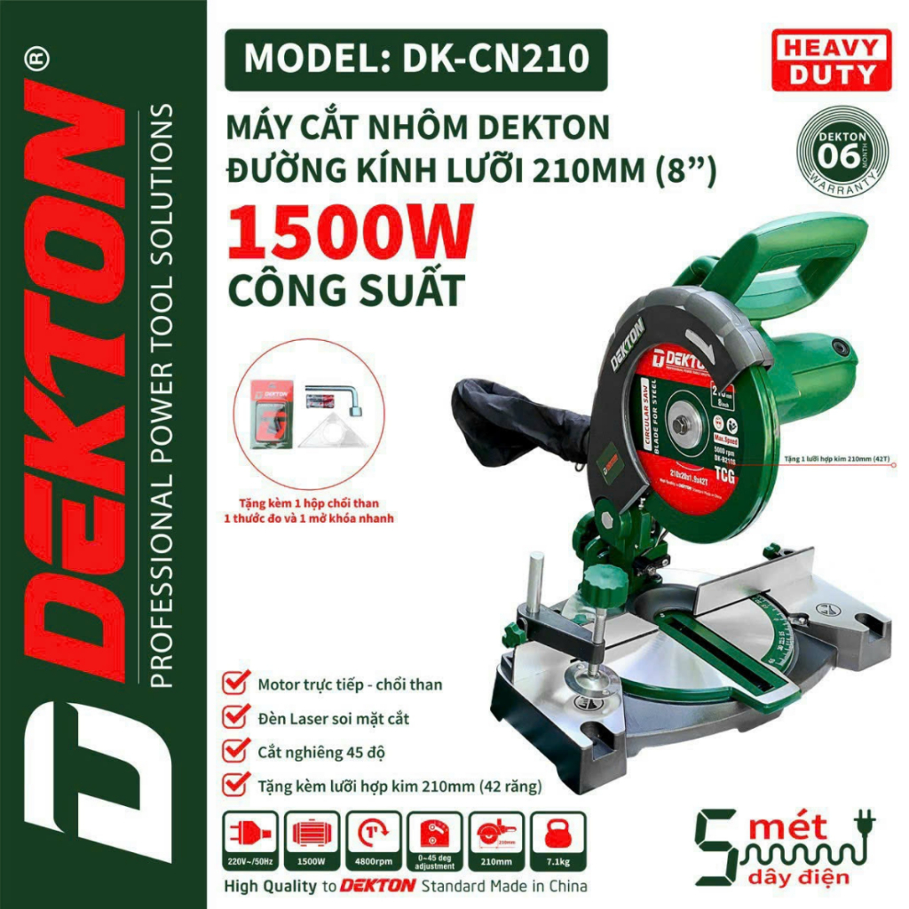 Máy cắt góc kim loại để bàn 210mm dekton / dk-cn210 / 1500w / cắt nghiêng 45 độ / có đèn laser soi mặt cắt