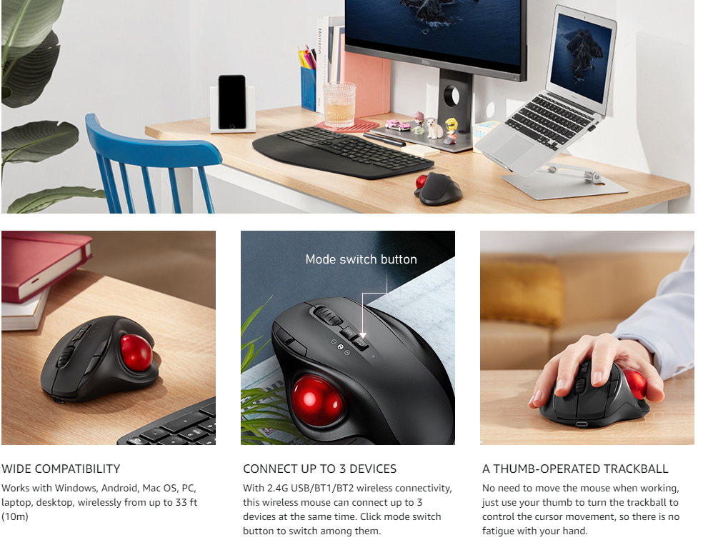 Ergonomic Mouse Wireless Trackball Mouse Bluetooth Mouse Adjustable 2400 DPI Dual Mode Vertical Mouse Connecting up to 3 devices simultaneously for Laptop