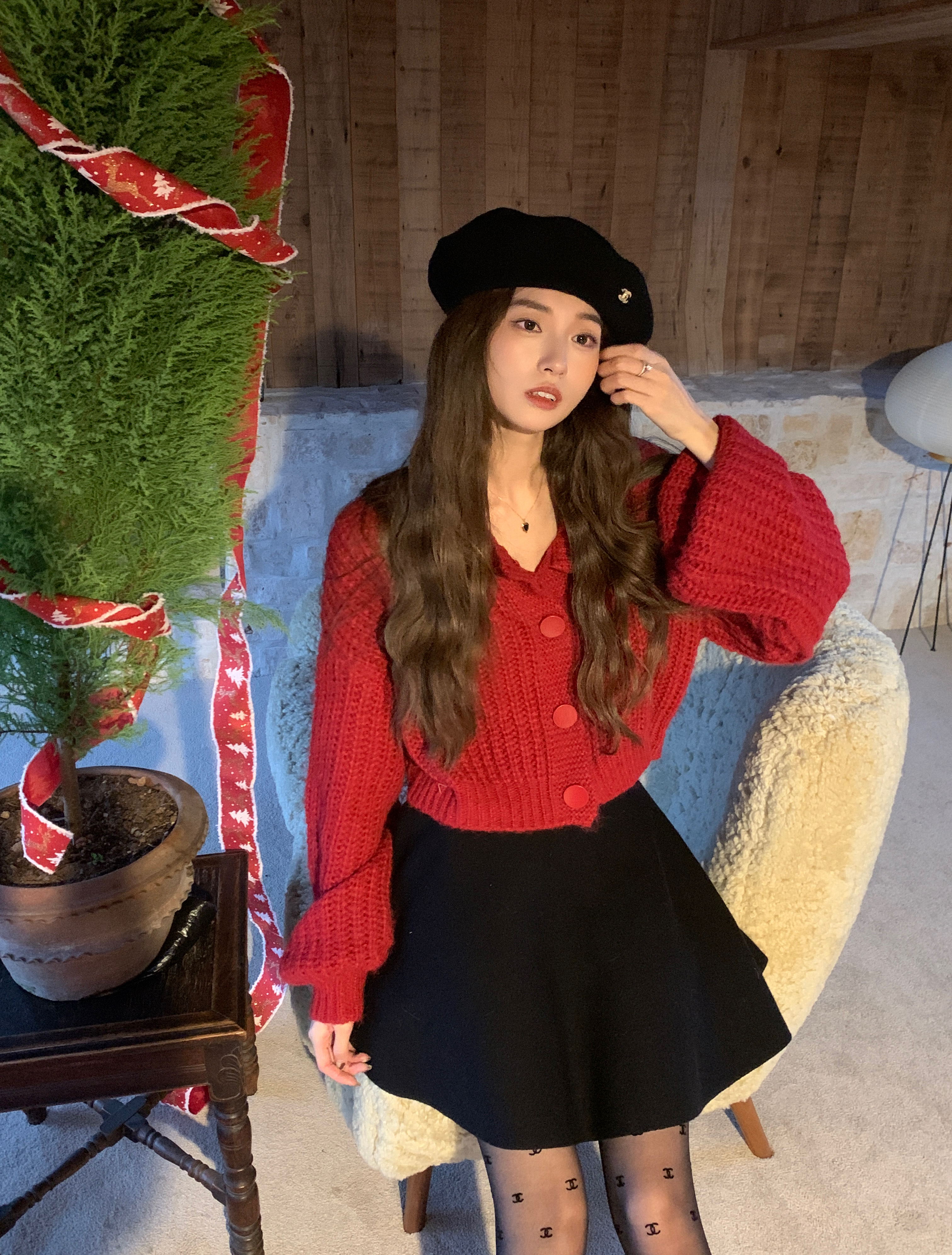 Guima festive atmosphere red thick-knit cardigan sweater women's sweater sweater