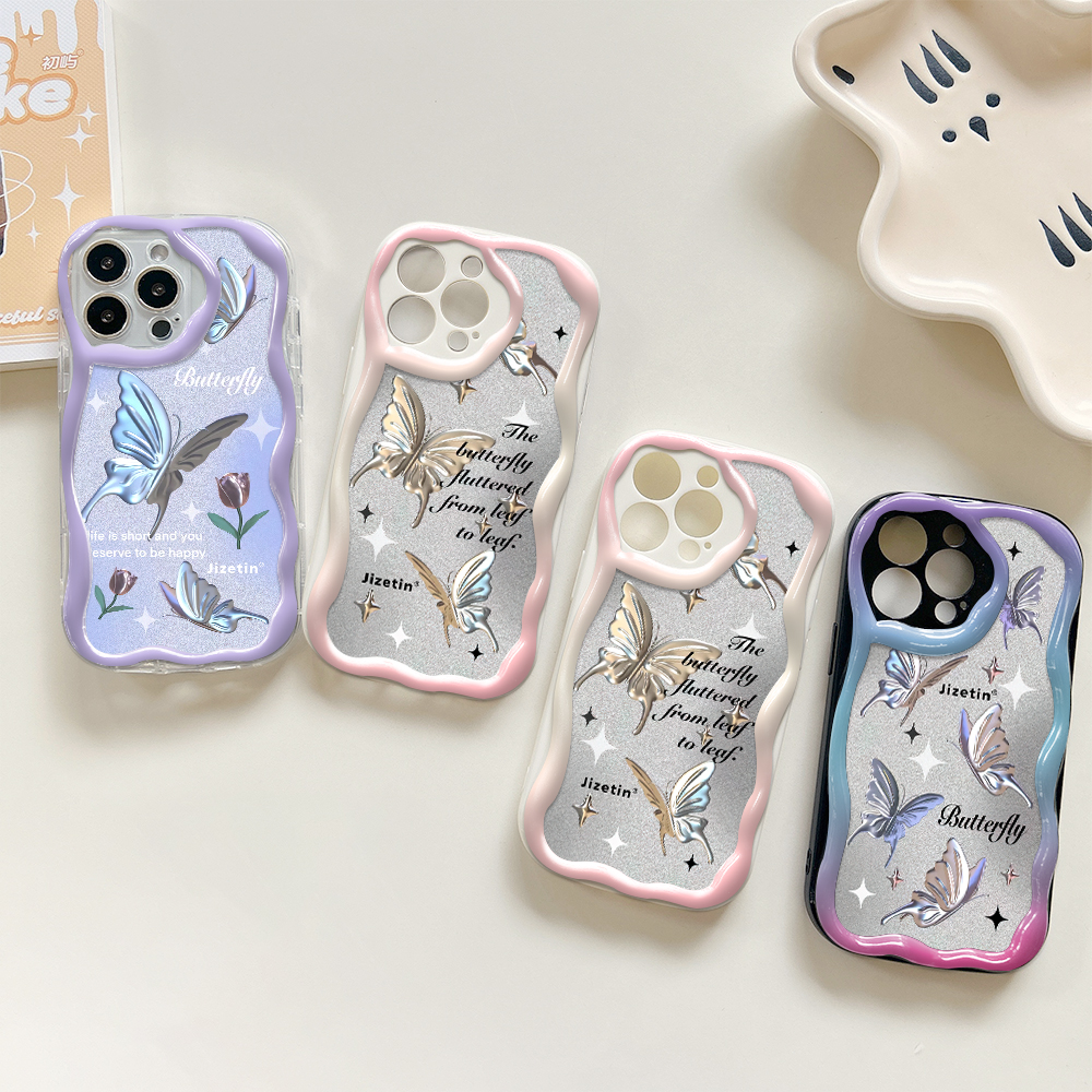 Jizetin for Infinix Note 30 4G 5G Back Cover Cartoon Golden Butterfly Cream Texture Wavy Edge Soft Silicone Phone Case. 