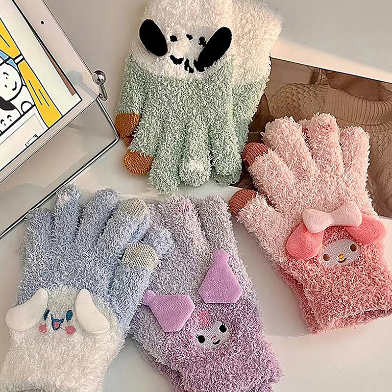 Cute Sanrio Kuromi Melody Gloves Plush Coral Winter Warm Gloves Pochacco Cute Gloves Student Cycling Five-finger Gloves Bayline.