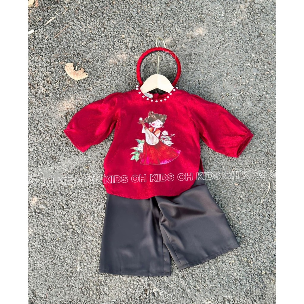 Set bà ba gấm đỏ quần lụa kèm mấn cho bé gái 8-18kg