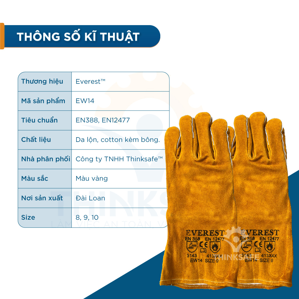 Găng tay chịu nhiệt Everest EW14 dùng cho thợ hàn, chống cháy tia lửa, dùng hàn que, cơ khí đa năng Bao tay - Thinksafe