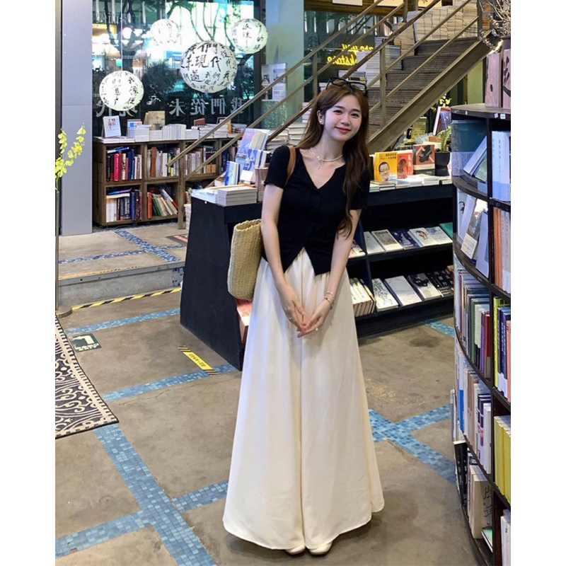 SET áo thun zip xẻ hot hit mix quần suông lụa sần rộng xoè BASIC cực trend