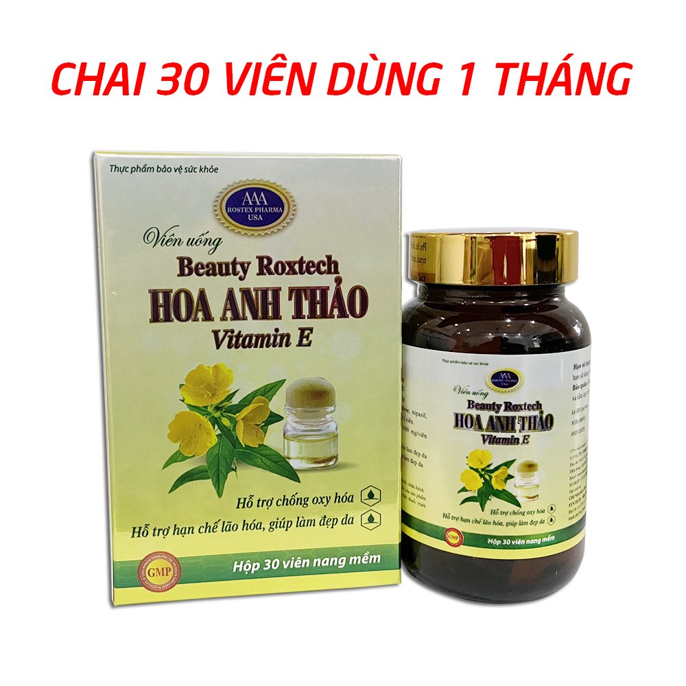 Viên uống dầu hoa anh thảo 1000mg, dầu hoa hồng, vitamin E giúp đẹp da, chống lão hóa da - Chai 30 viên dùng 1 tháng