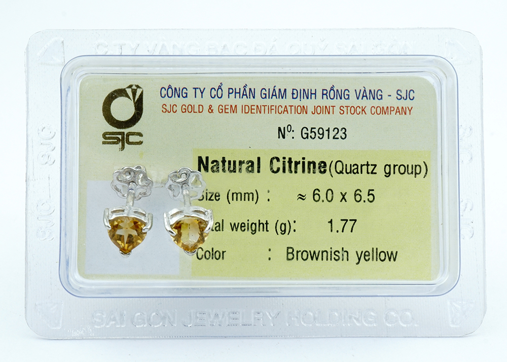 Bông tai Citrine Thạch Anh Vàng tự nhiên mài giác trái tim 6 li kiểm định